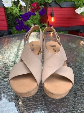 Clarks Leather Beige-Taupe Cross-Strap Slingback Wedge Sandals